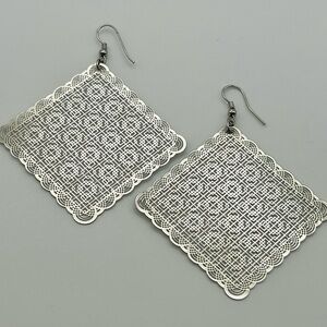 Large Art Deco Filigree Lace Silver Tone Earrings